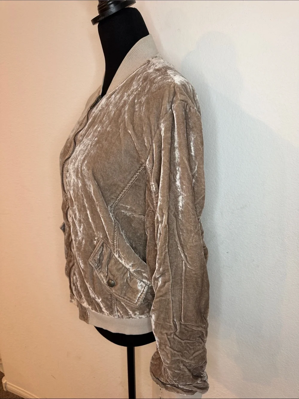 Free People Taupe Velvet Bomber Jacket